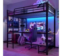 boorbin Cama alta, 90 x 200 cm, marco de hierro, escritorio, barandilla, escalera de tijera, varios estantes, con enchufe USB+Type-c, con barra LED, con tablero perforado, sin colchón (negro)