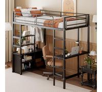 boorbin Cama alta, 90 x 200 cm, sin colchón, cama con escritorio, con enchufe y USB, varios estantes, armario de almacenamiento abierto, barandilla, escalera, marco de hierro (negro)