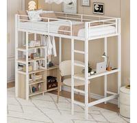 boorbin Cama alta, 90 x 200 cm, sin colchón, cama con escritorio, con enchufe y USB, varios estantes, armario de almacenamiento abierto, barandilla, escalera, marco de hierro (blanco)