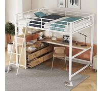 boorbin Cama alta, cama con marco de hierro, cajones prácticos, elegante escritorio en forma de L, diseño laminado, sin colchón (blanco, 140 x 200 cm)
