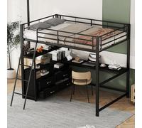 boorbin Cama alta, cama con marco de hierro, cajones prácticos, elegante escritorio en forma de L, diseño laminado, sin colchón (negro, 140 x 200 cm)
