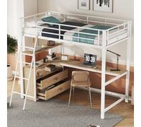boorbin Cama alta, cama con marco de hierro, cajones prácticos, elegante escritorio en forma de L, diseño laminado, sin colchón (blanco, 90 x 200 cm)
