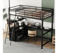 boorbin Cama alta, cama con marco de hierro, cajones prácticos, elegante escritorio en forma de L, diseño laminado, sin colchón (negro, 90 x 200 cm)