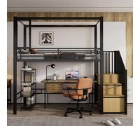 boorbin Cama alta, cama de hierro, tablero de fibra de densidad media, escalera con armario y estantes, ventana de placa acrílica con atracción magnética, diseño libre de la planta inferior, color