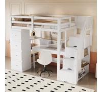 boorbin Cama alta con cajón de almacenamiento, cómoda con estantes, escalera de seguridad con cajones de almacenamiento, cama multifuncional de madera maciza, cama infantil, 90 x 200 cm (blanco)