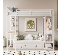 boorbin Cama alta con escalera, cama individual con mesa para colgar fácilmente con estantes (90 x 200 cm, blanco)