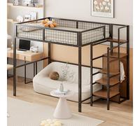 boorbin Cama alta con escalera, cuna con marco de hierro y estante de almacenamiento, armario, 140 x 200 cm (negro)
