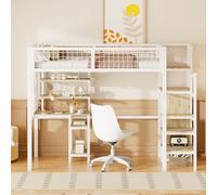 boorbin Cama alta con escalera de seguridad, cuna con marco de hierro, armario y mesa para ordenador, 90 x 200 cm (blanco)