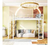 boorbin Cama alta con escalera de seguridad, espacio de almacenamiento y armario pequeño, estantes, diseño de valla alta, cama individual, cama juvenil, 90 x 200 cm (blanco)