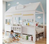 boorbin Cama alta, cuna, diseño fino en forma de casa, ZCon una fila estantería, somier estable de listones de pino + MDF + madera contrachapada, blanco, 90 x 200 cm