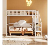 boorbin Cama alta de 140 x 200 cm con escalera, cuna blanca de madera con estante de almacenamiento, armario sencillo (blanco, 140 x 200 cm)
