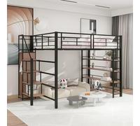 boorbin Cama alta de 140 x 200 cm, con escalera de seguridad, espacio de almacenamiento y armario pequeño, estantes, diseño de valla alta, cama individual, cama juvenil (negro)