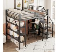 boorbin Cama alta de 140 x 200 cm, estante de almacenamiento de tres capas, escritorio, armario, niveles de seguridad con compartimento, diseño de valla alta, cama de hierro, cama individual (negro)