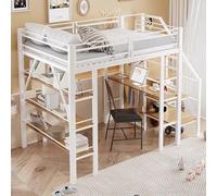 boorbin Cama alta de 140 x 200 cm, estante de almacenamiento de tres capas, escritorio, armario, niveles de seguridad con compartimento, diseño de valla alta, cama de hierro, cama individual (blanco)