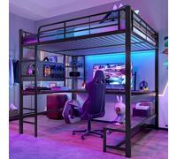 boorbin Cama alta de 140 x 200 cm, marco de hierro, escritorio, barandilla, escalera de tijera, varios estantes, con enchufe USB+Type-c, con barra LED, con tablero perforado, sin colchón, color negro