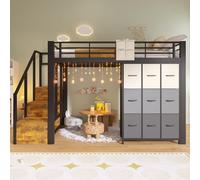 boorbin Cama alta de 140 x 200 cm, metal, con cajones, barra para colgar, barandilla, escalera con espacio de almacenamiento, sin colchón, para adolescentes, niños y adultos (negro, 140 x 200 cm)