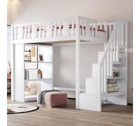 boorbin Cama alta de 90 x 200 cm, cama infantil con espacio de almacenamiento, cama alta con varios compartimentos de almacenamiento grandes, cama funcional, cuna, cama juvenil, cama de madera (blanco