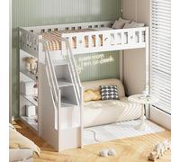 boorbin Cama alta de 90 x 200 cm, con escalera de almacenamiento y estantes, cama individual de madera, cuna, cuna, marco de madera maciza (blanco)