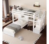 boorbin Cama alta de 90 x 200 cm con escritorio y escalera, juego de cama de 2 piezas de madera maciza con compartimentos de almacenamiento y estanterías, incluye marco de cama de 90 x 200 cm, litera