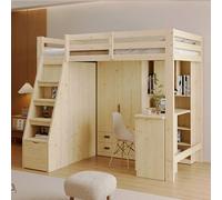 boorbin Cama alta de 90 x 200 cm, con espacio de almacenamiento, escalera de seguridad, armario de almacenamiento, cama individual, cama infantil, marco de madera maciza (color madera original)