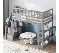 boorbin Cama alta de 90 x 200 cm, diseño de seguridad con armario, estantes y espacio de almacenamiento con escalera de escalada de seguridad, cama de madera multifuncional, cuna, cama individual