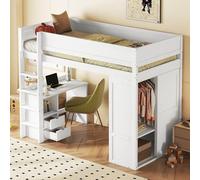 boorbin Cama alta de 90 x 200 cm, versátil para niños, equipada con armario, escritorio y cajones (blanco)