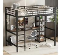 boorbin Cama alta de hierro, hierro + MDF, con mesa y armario con estantes múltiples, equipada con rejilla metálica, barandilla y escalera estables, color negro + madera oscura, 90 x 200 cm