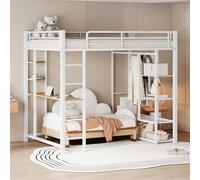 boorbin Cama alta de metal con escalera, cama doble con mesa con perchas simples con estantes, 140 x 200 cm (blanco)