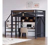 boorbin Cama alta de metal de 140 x 200 cm, forma de carcasa única con diseño de ventana, con escalera de seguridad, mucho espacio de almacenamiento debajo de la cama (negro)
