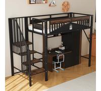 boorbin Cama alta de metal de 90 x 200 cm, borde de seguridad único con ventana, con escalera de seguridad, suficiente espacio debajo de la cama para una cubierta de tela libre (negro)