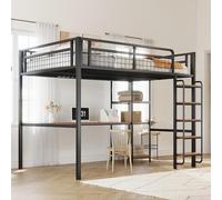 boorbin Cama alta de metal, escalera de seguridad con escalones, cama individual, cuna con mesa y estantes, valla de seguridad de malla metálica (negro, 140 x 200 cm)