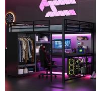 boorbin Cama alta de metal para videojuegos, 160 x 200 cm, con LED, escritorio, armario abierto y estantes de almacenamiento, color negro