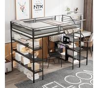 boorbin Cama alta, estante de almacenamiento de tres capas, escritorio, armario, niveles de seguridad con compartimento, diseño de valla alta, cama de hierro, cama individual (140 x 200 cm, negro)