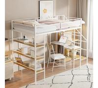 boorbin Cama alta, estante de almacenamiento de tres capas, escritorio, armario, niveles de seguridad con compartimento, diseño de valla alta, cama de hierro, cama individual, 90 x 200 cm (blanco)