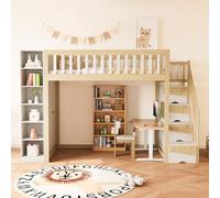 boorbin Cama alta multifuncional 90 x 200 cm con estantes, armario de almacenamiento y armario grande, escalera de seguridad con estantes, color blanco + madera cruda