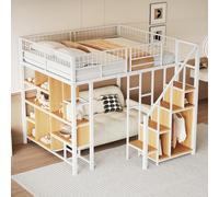 boorbin Cama alta multifuncional de metal con espacio de almacenamiento, estantes y escaleras, cama para adultos y cuna, 140 x 200 cm (blanco)