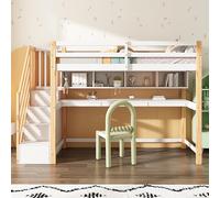 boorbin Cama alta para niños con espacio de almacenamiento, madera maciza+MDF, litera, cuna con gran escritorio y estantes, colores ecológicos, natural y blanco, 90 x 200 cm