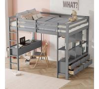 boorbin Cama alta para niños de 140 x 200 cm, con cajones de almacenamiento y escritorio debajo de la cama, sin colchón (gris, 205 x 155 x 169 cm)