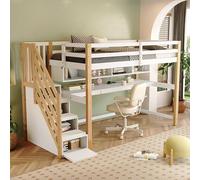 boorbin Cama alta para niños de 90 x 200 cm, con escalera de almacenamiento, madera maciza+MDF, litera, cama infantil con escritorio grande y estantes, colores ecológicos (natural+blanco)