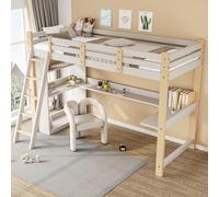 boorbin Cama alta para niños de 90 x 200 cm con listones de protección y somier, cama infantil con deslizadores inclinados, escritorio integrado y estanterías, litera de madera maciza, cama familiar