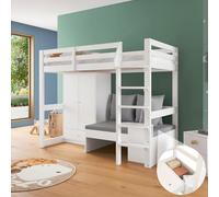 boorbin Cama alta para niños, multifuncional, con una escalera, con armario, sofá con espacio de almacenamiento, tres cojines y cojines, con estante, sin colchón, madera maciza, color blanco, 90 x 200