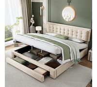 boorbin Cama con cajón, tela de terciopelo, cama tapizada, somier, cama doble, gran espacio de almacenamiento (180 x 200 cm), color beige