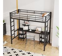 boorbin Cama con marco de hierro, litera con mesa y estantes, adecuada para niños y adolescentes, cuna con escalera lateral, con rejilla de protección contra caídas, hierro + MDF, 90 x 200 cm (negro)
