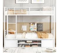 boorbin Cama con marco de hierro, litera, zapatero abierto, armario de almacenamiento pequeño de doble puerta, adecuado para niños y adolescentes, con escalera lateral, con rejilla de protección