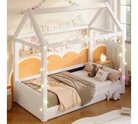 boorbin Cama de día acolchada de 90 x 200 cm con tiras de luz LED, cama de madera maciza para niños en aspecto de lino, acolchado con forma de techo, color beige