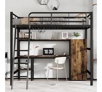 boorbin Cama de hierro, litera, adecuada para niños y adolescentes, con mesa y armario, amplios compartimentos, con escalera de 5 niveles, hierro+tablero de partículas, 90 x 200 cm (negro)