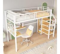 boorbin Cama de hierro, litera, cama alta, adecuada para niños y adolescentes, con mesa y armario, escalera lateral con pasamanos, hierro+tablero de partículas, blanco y natural, 90 x 200 cm (blanco y