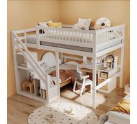 boorbin Cama de madera maciza 140 x 200, escalera con armario de almacenamiento, barandilla alta, cuna, cama juvenil, marco de madera maciza, blanco