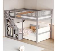 boorbin Cama de madera maciza 140 x 200, escalera con armario de almacenamiento, barandilla alta, cuna, cama juvenil, marco de madera maciza, gris (140 x 200 cm)