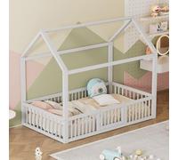 boorbin Cama de madera maciza, 90 x 200 cm, cama doble, cama plana, cama de casa con puerta (blanco)